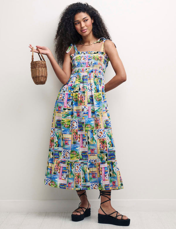 Postcard Print Tie Strap Millie Smock Midi Dress
