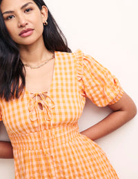 Orange Gingham Check V-Neck Wednesday Midi Dress