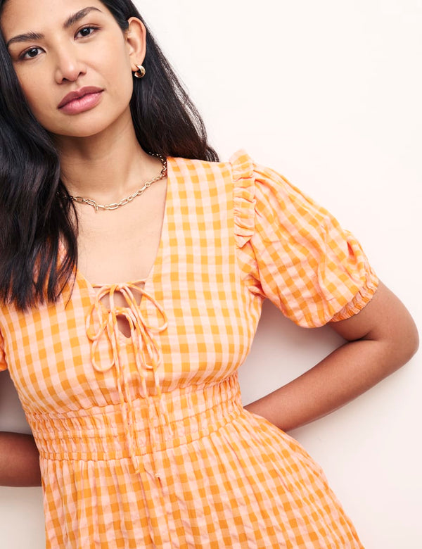 Orange Gingham Check V-Neck Wednesday Midi Dress