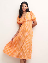 Orange Gingham Check V-Neck Wednesday Midi Dress