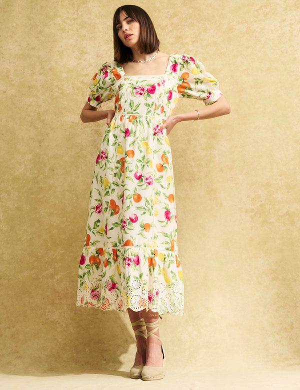 White Fruit Print Isla Midaxi Dress