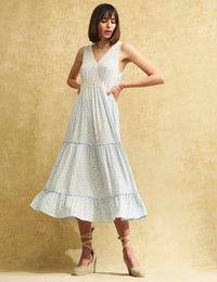 Blue Floral Lace Trim Stephie Midi Dress