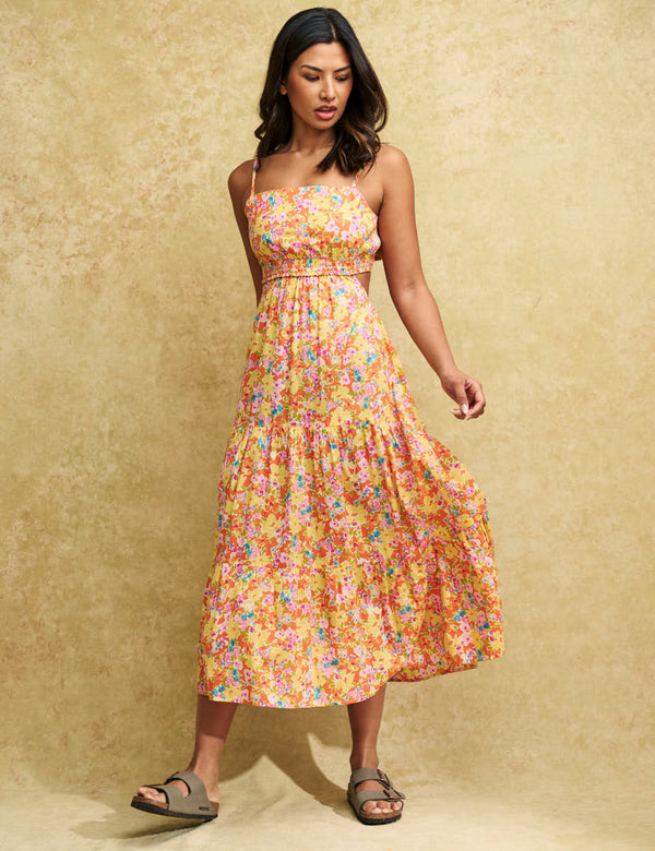 Yellow Floral Tie Back Alani Midi Dress