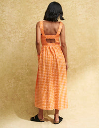 Orange Gingham Check Shirred Dionne Midi Dress