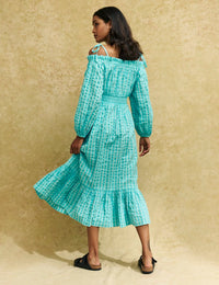 Blue Gingham Check Bardot Freya Midi Dress