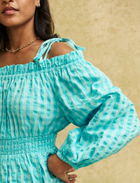 Blue Gingham Check Bardot Freya Midi Dress