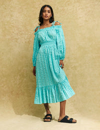Blue Gingham Check Bardot Freya Midi Dress