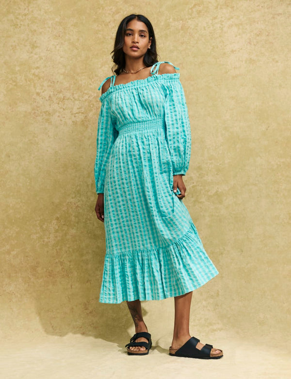 Blue Gingham Check Bardot Freya Midi Dress
