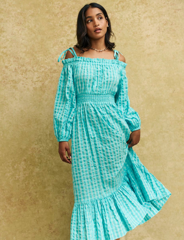 Blue Gingham Check Bardot Freya Midi Dress