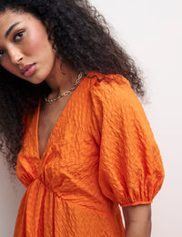 Orange V-Neck Puff Sleeve Amy Midi Dress