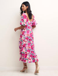 Pink Floral Sweetheart Neck Darcie Midi Dress
