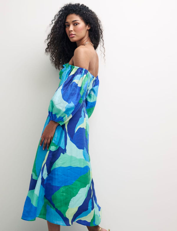 Blue Abstract Bardot Maxine Midi Dress