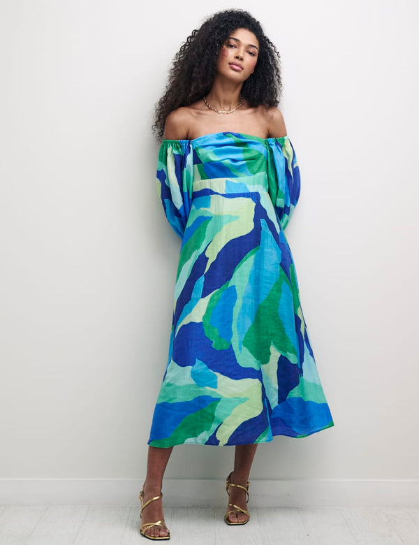 Blue Abstract Bardot Maxine Midi Dress