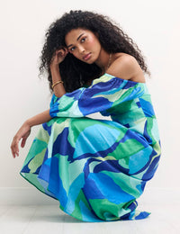 Blue Abstract Bardot Maxine Midi Dress