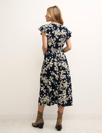 Black Ruffle Sleeve Floral Lily Midi Dress