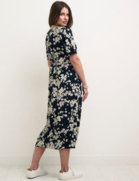 Black Floral Alexa Midi With Shirring Dress
