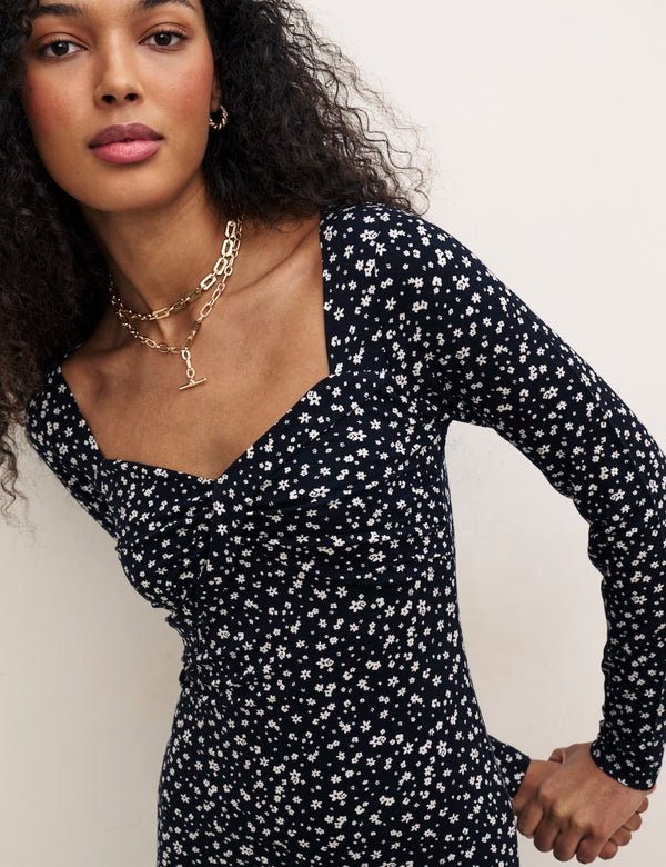 Black Floral Sweetheart Neck Marlow Midi Dress