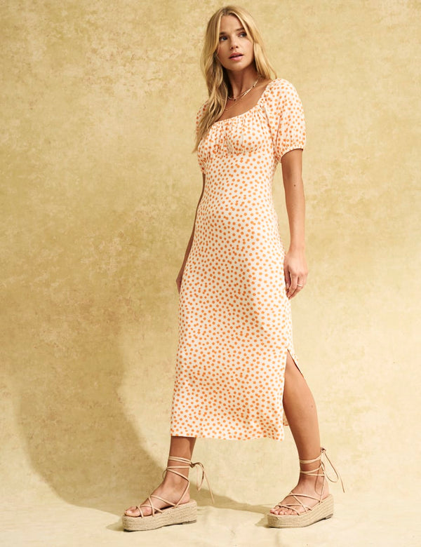 White Ditsy Floral Ruched Bodice Oregon Midi Dress