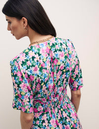 Watercolour Floral Alexa Midi with Shirring Tea Dress