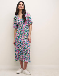 Watercolour Floral Alexa Midi with Shirring Tea Dress