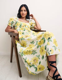 Sunflower Puff Sleeve Ginger Midi Dress