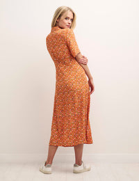 Orange Pinstripe Floral Daisy Midi Dress