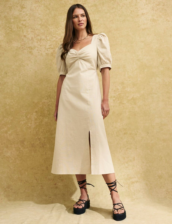 Cream Linen-blend Sweetheart Rosie Midi Dress