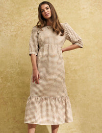 Brown Gingham Check Rachel Smock Midi Dress