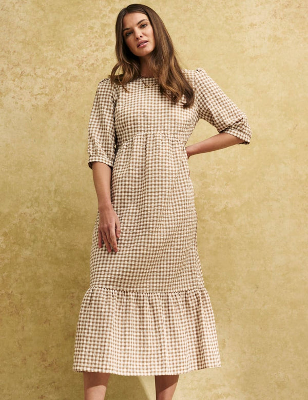Brown Gingham Check Rachel Smock Midi Dress