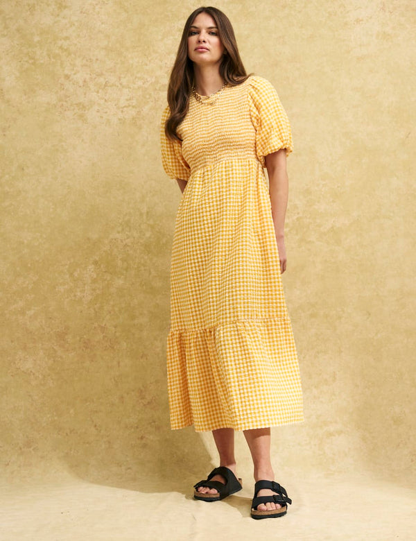 Yellow Gingham Check Kelsie Smock Midi Dress