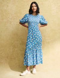Blue Sun Print Kelsie Midi Smock Dress