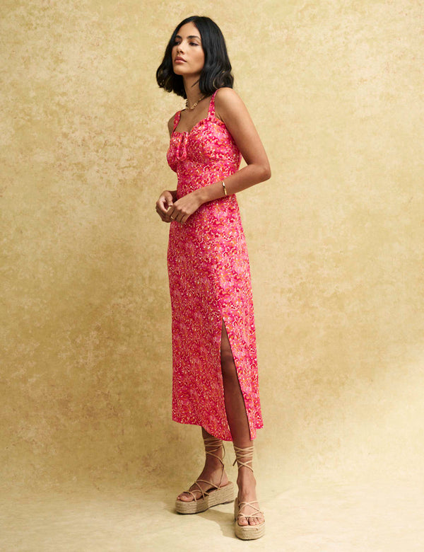 Pink Watercolour Ruffle Trim Lucia Midi Sun Dress