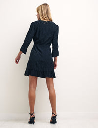 Black Satin Jacquard Frill Hem Fleur Mini Dress