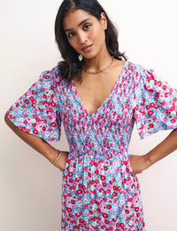 Blue Floral Shirred V-Neck May Midi Dress