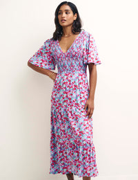 Blue Floral Shirred V-Neck May Midi Dress