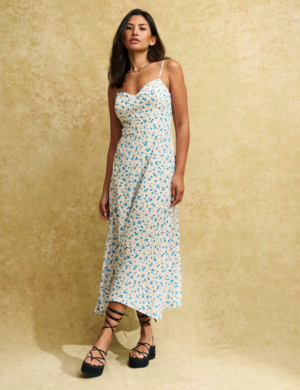 White Ditsy Blue Floral Pipin Midi Dress