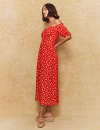 Red Ditsy Floral Bardot Genevieve Midi Dress