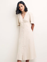 Cream Linen-blend Alexa Midi with Shirring Dress