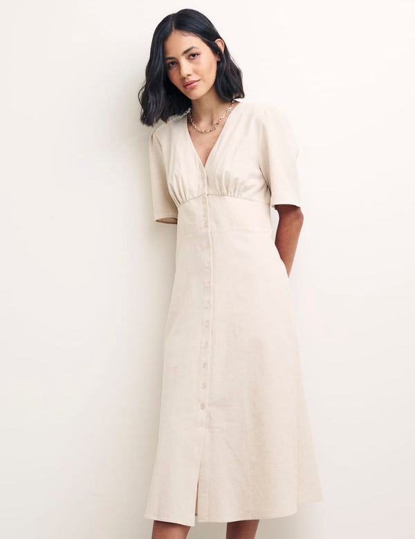 Cream Linen-blend Alexa Midi with Shirring Dress