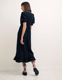 Black Linen-blend Puff Sleeve Delilah Midi Dress