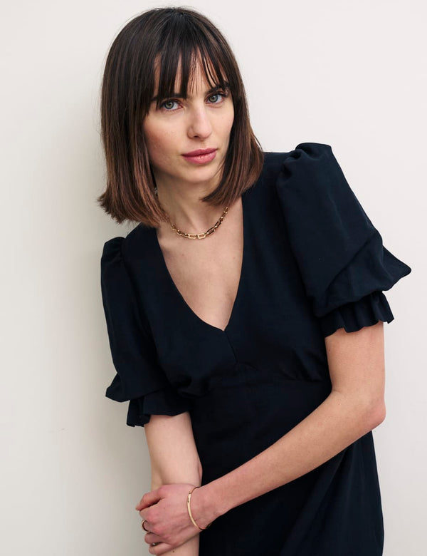 Black Linen-blend Puff Sleeve Delilah Midi Dress