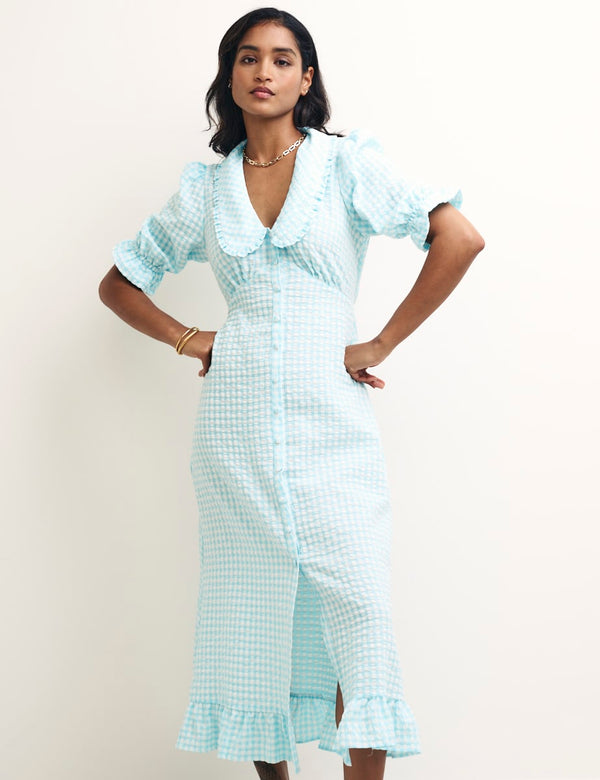 Blue Gingham Check Annalise Midi Dress