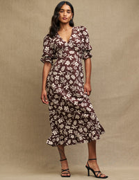 Brown Botanical Print Delilah Midi Tea Dress