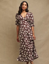 Petite Brown Botanical Print Delilah Midi Tea Dress