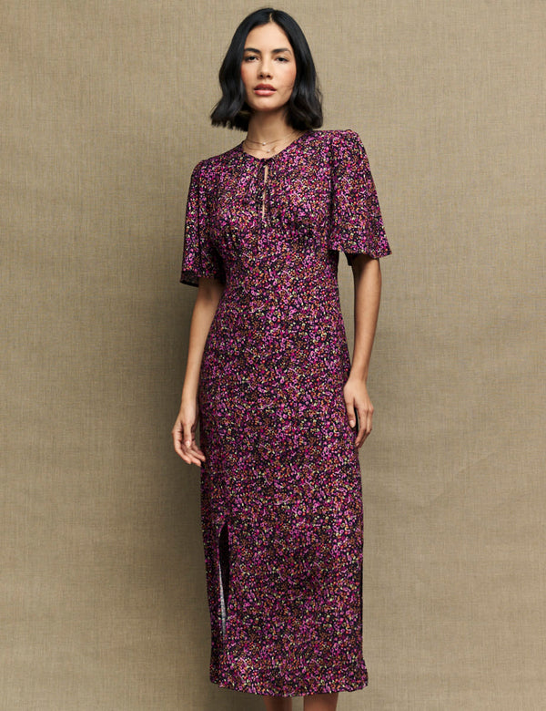 Purple Ditsy Floral Cecelia Midi Dress