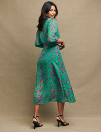 Green & Pink Floral Chiffon Malika Midi Dress