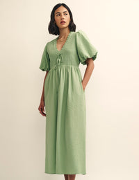 Sage Green Shirred Bodice Leiza Midi Dress