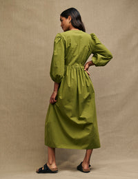 Olive Green Balloon Sleeve Ria Midi Dress