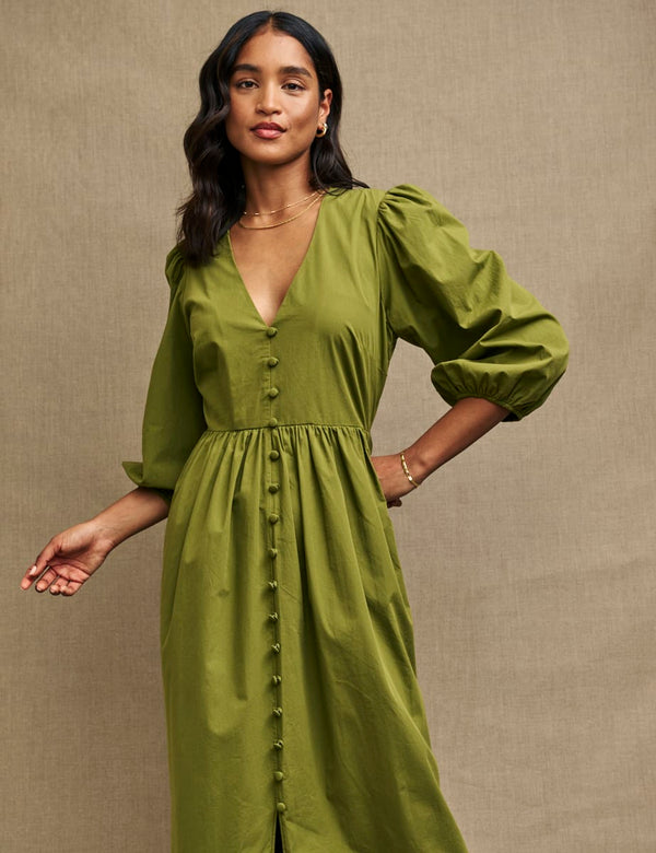Olive Green Balloon Sleeve Ria Midi Dress