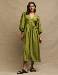 Olive Green Balloon Sleeve Ria Midi Dress